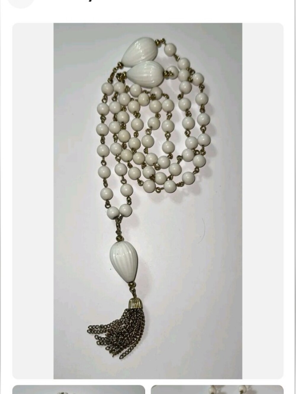 Vintage Acrylic Interchangeable White Beaded Tassel Necklace & Bracelet 24”